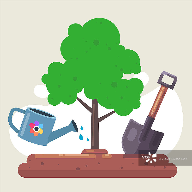 用铲子和水壶在自然中种植树木图片素材