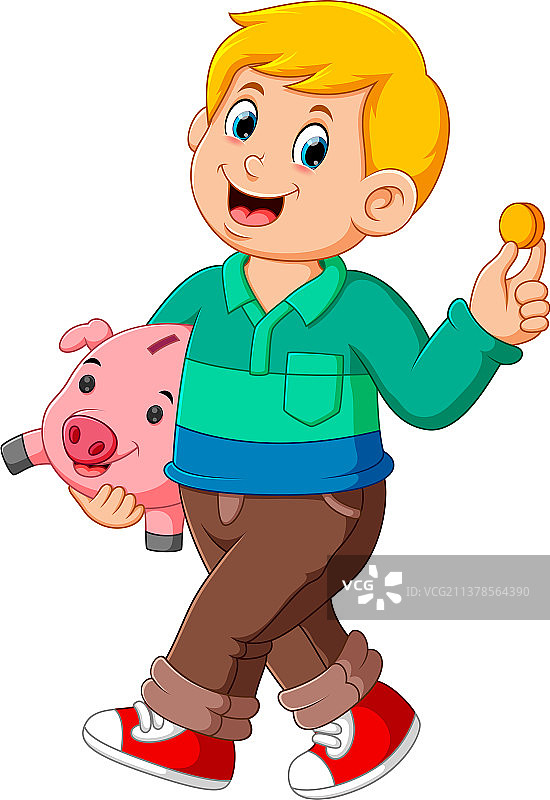 快乐的男孩微笑地抱着小猪储蓄罐图片素材