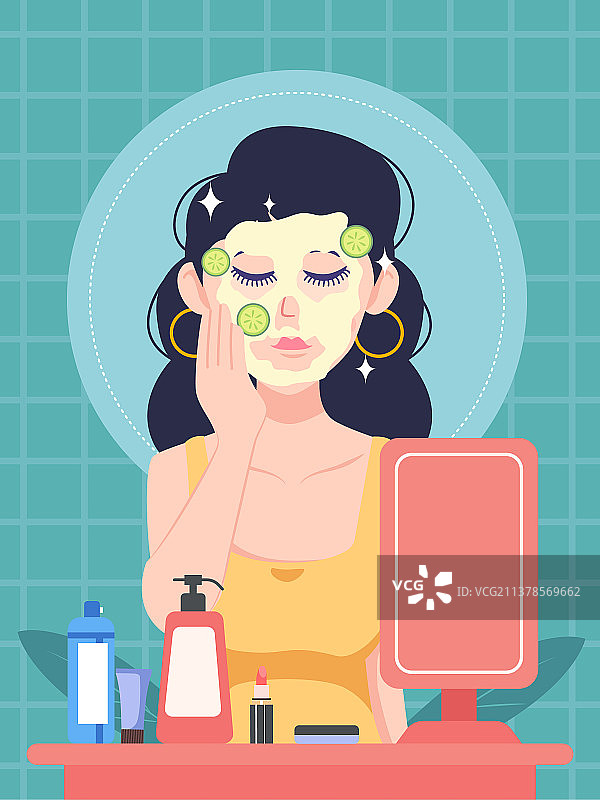 一位女士面对镜子用护肤品给自己护肤面前有化妆品图片素材