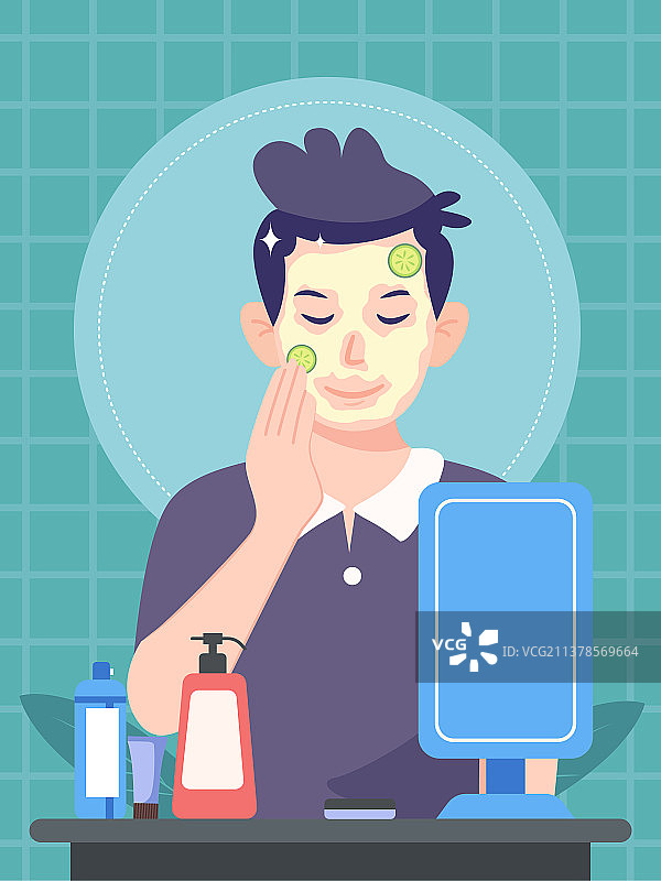 一位男士面对镜子用护肤品给自己护肤面前有化妆品图片素材