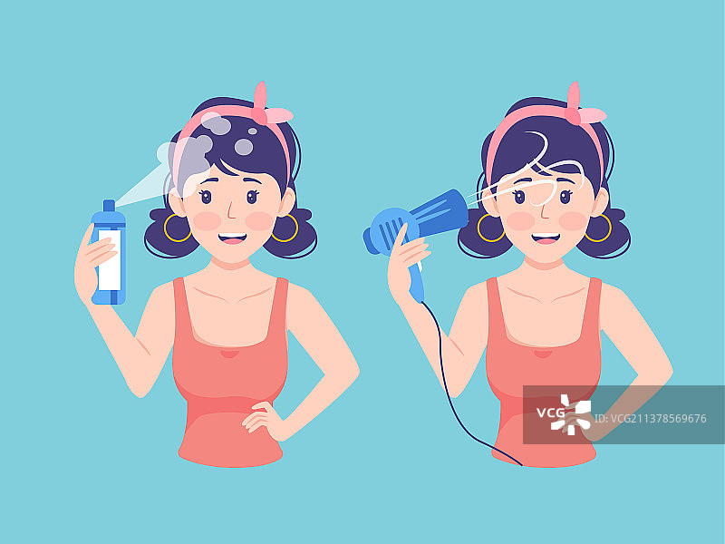 一个少女在喷发胶一个少女在吹头发图片素材
