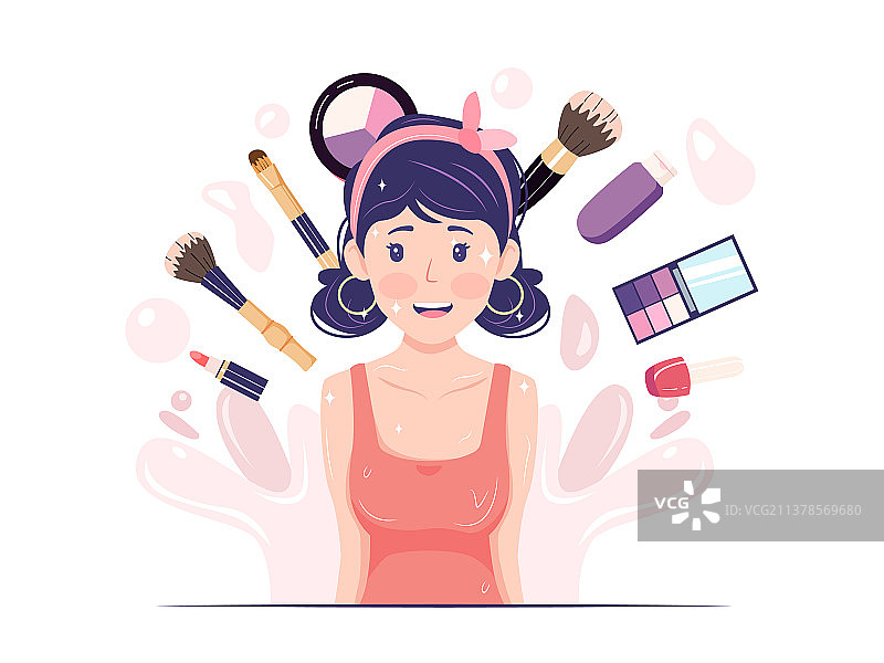 一位少女周围有口红眼线笔粉底化妆品图片素材