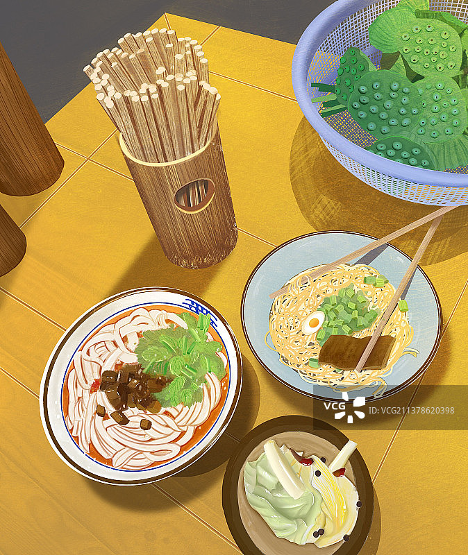 早餐米粉牛肉面无人夏天湖北人早餐面条泡菜清新莲蓬图片素材