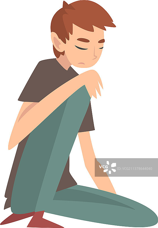 坐在地板上沮丧不高兴的悲伤男孩图片素材