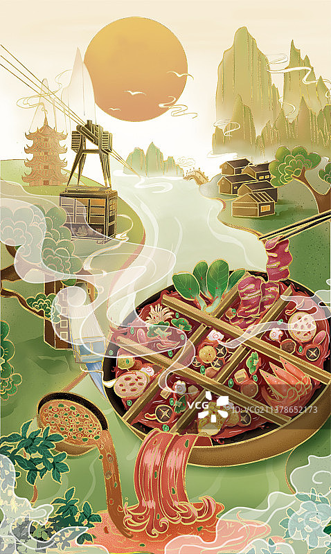 国潮重庆火锅手绘海报图片素材