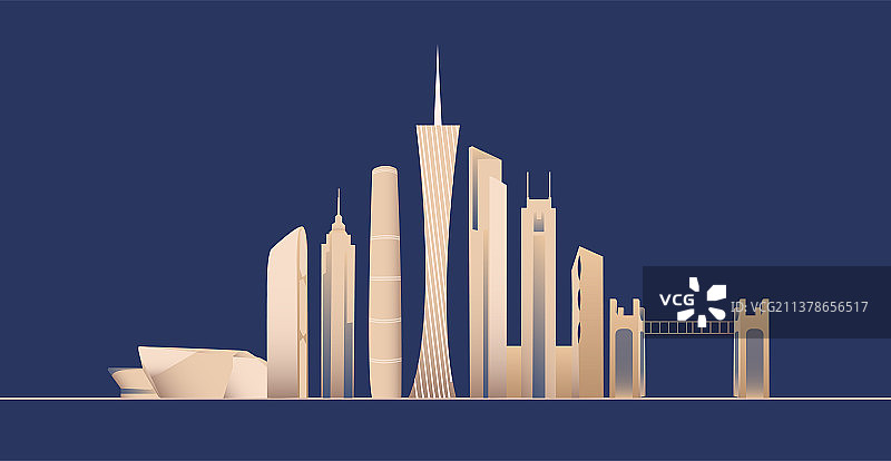 蓝金广州天际线建筑矢量影插画，广州庆典插画，新年双十一双十二金融插画图片素材