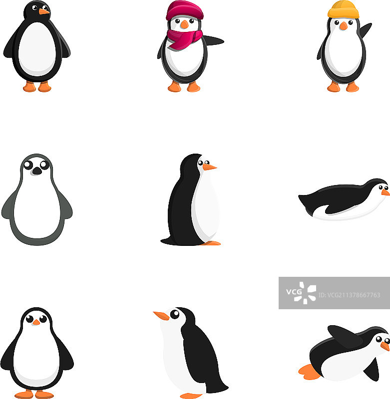卡通风格的企鹅图标集图片素材