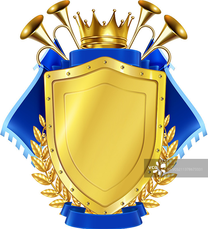 带角和三角旗的金色盾牌图片素材