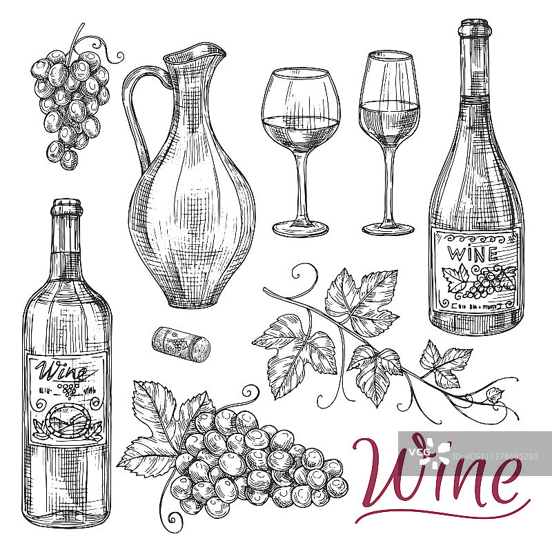 葡萄酒元素速写——酒瓶与酒杯图片素材