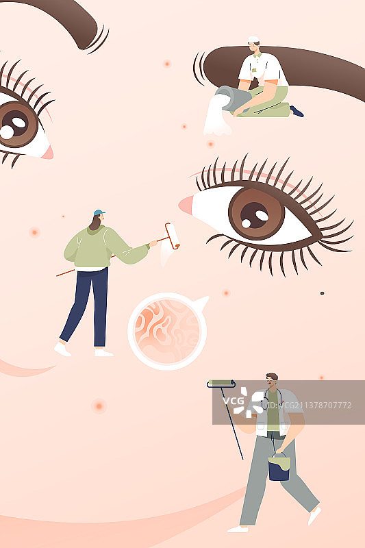 卡通彩妆护肤保养深层清洁修复美貌美女电商促销优惠爱美肌肤脸部精华祛痘妇女节医美整形医疗健康矢量插画图片素材