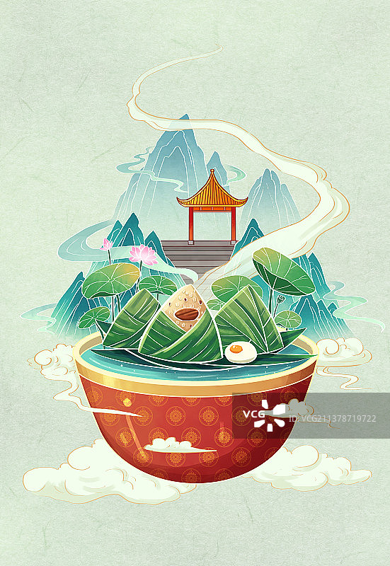 古风端午节粽子山水亭子荷花小场景插画图片素材