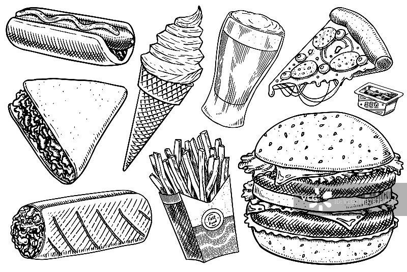 快餐：汉堡、炸玉米饼和热狗图片素材