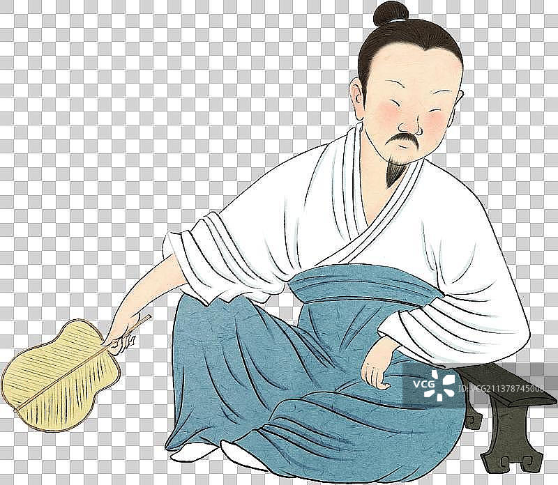 夏天持扇休闲盘坐的古代诗人图片素材