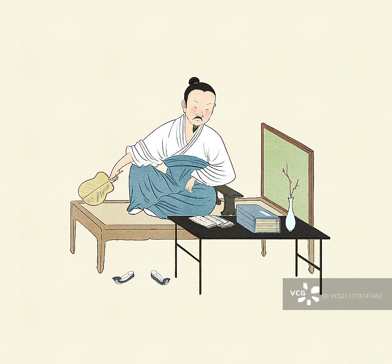 夏天持扇的古代诗人盘腿坐在胡床上看书休息图片素材