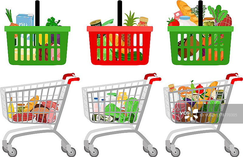 食品杂货购物车和篮子图片素材