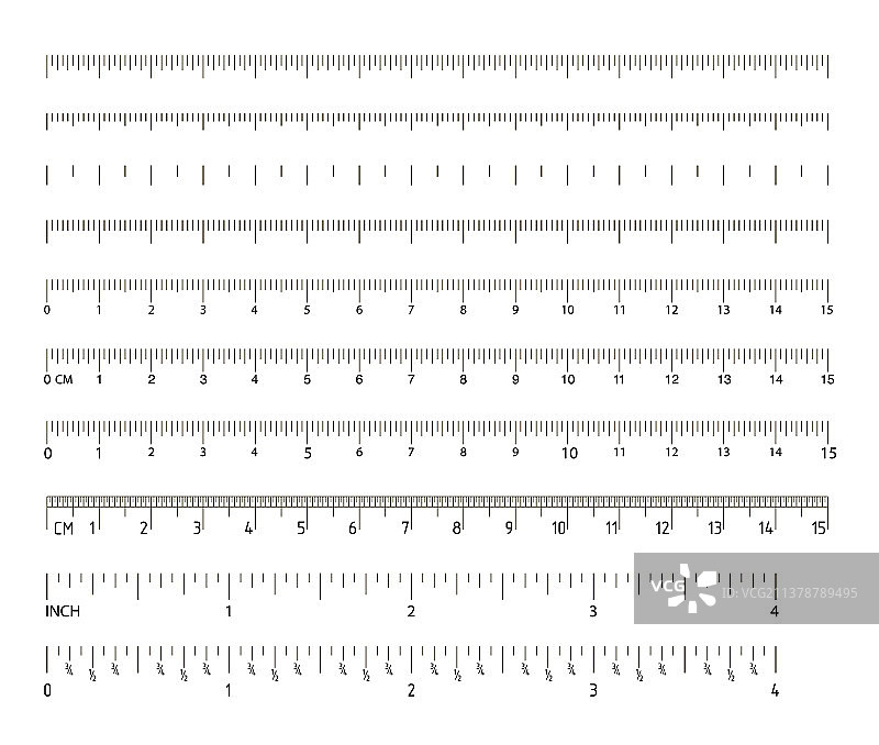 学校用英寸和公制刻度尺套装图片素材