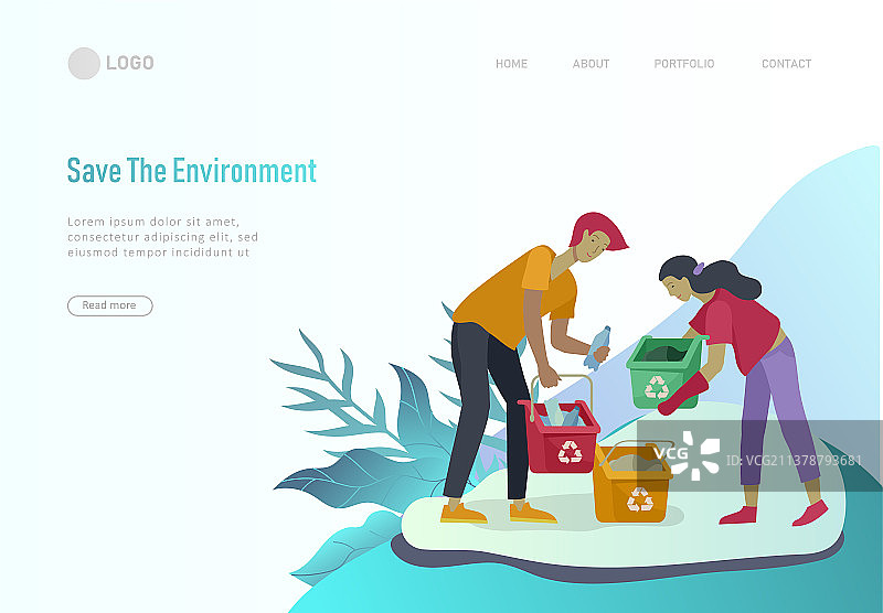 人们进行垃圾分类回收着陆页模板图片素材