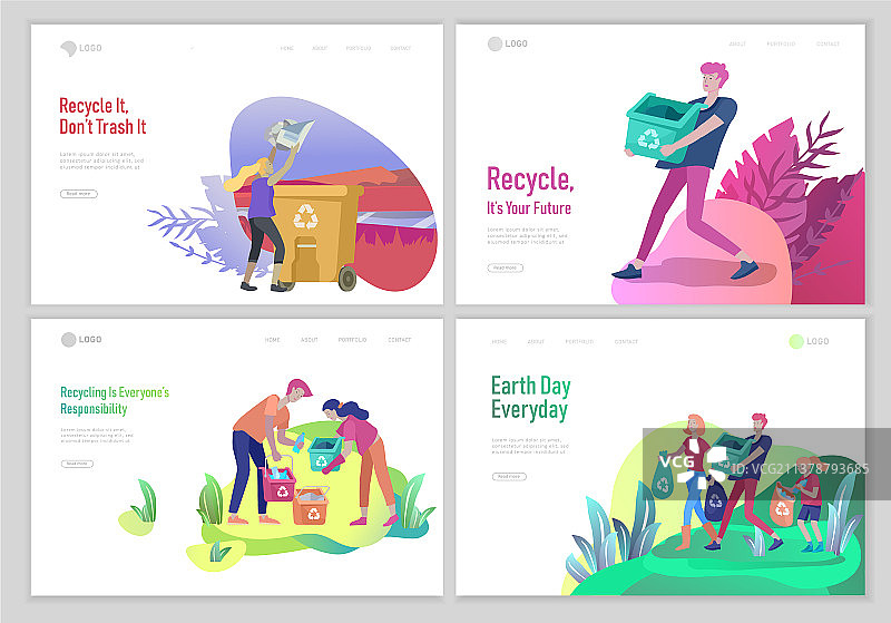 人们进行垃圾分类回收着陆页模板图片素材
