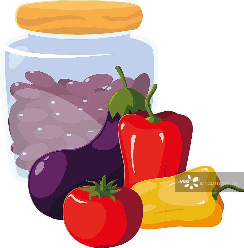 装有豆类、辣椒、番茄、茄子的农场罐子图片素材