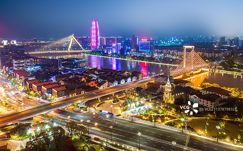 航拍宁波老城三江口城市夜景大画幅图片素材