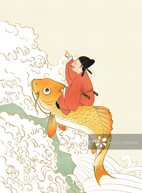 高考必胜状元郞骑着鲤鱼跳龙门传统吉祥插画图片素材