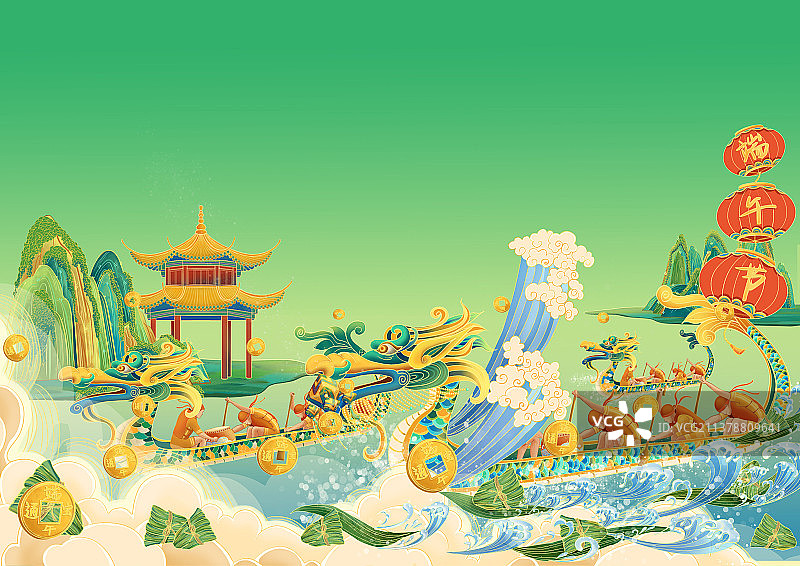 端午节国风背景插画赛龙舟图片素材