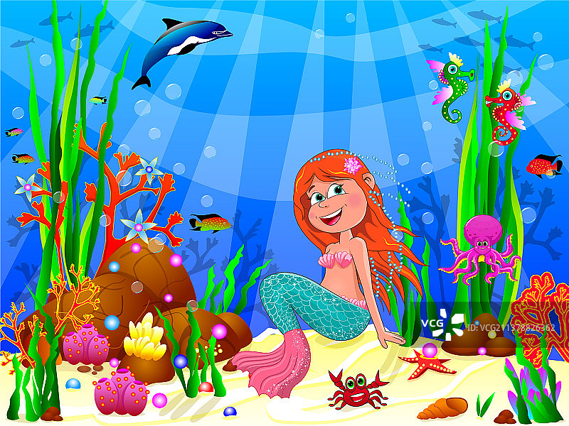 海底世界中快乐可爱的小美人鱼图片素材