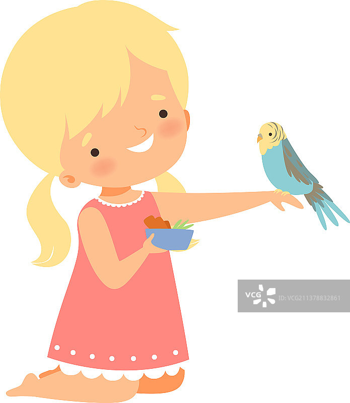 可爱的小金发女孩喂她的鹦鹉图片素材