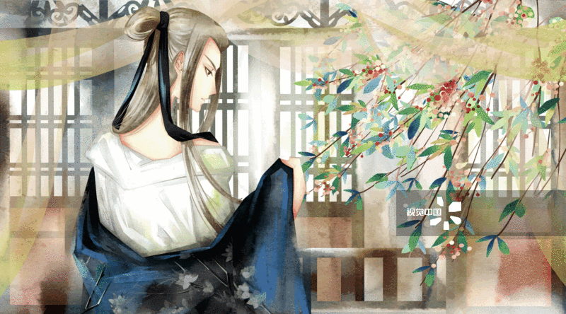 中国风水彩男性在室内插画-GIF动图图片素材