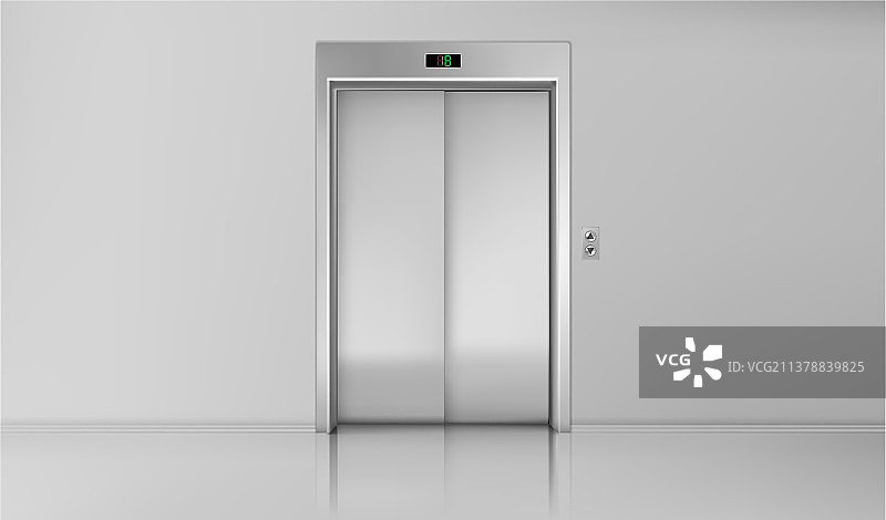 电梯门关闭，电镀金属电梯轿厢入口图片素材