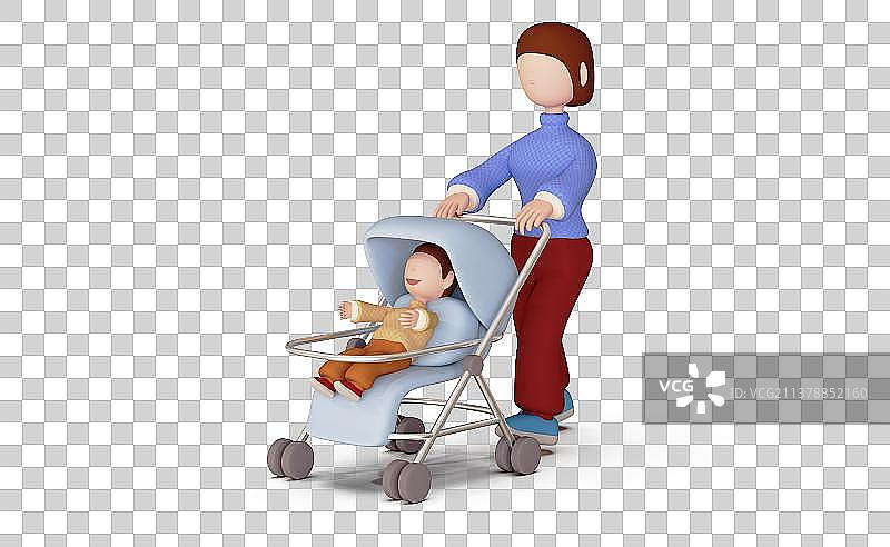 母亲推着孩子3D插画图片素材