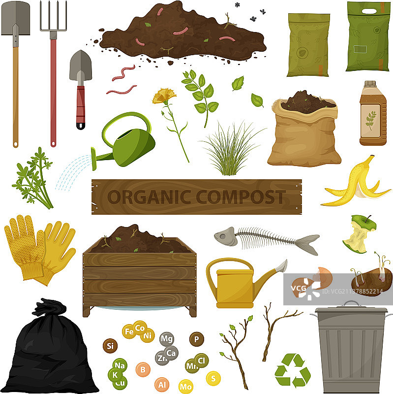 有机堆肥主题卡通扁平图标套装图片素材