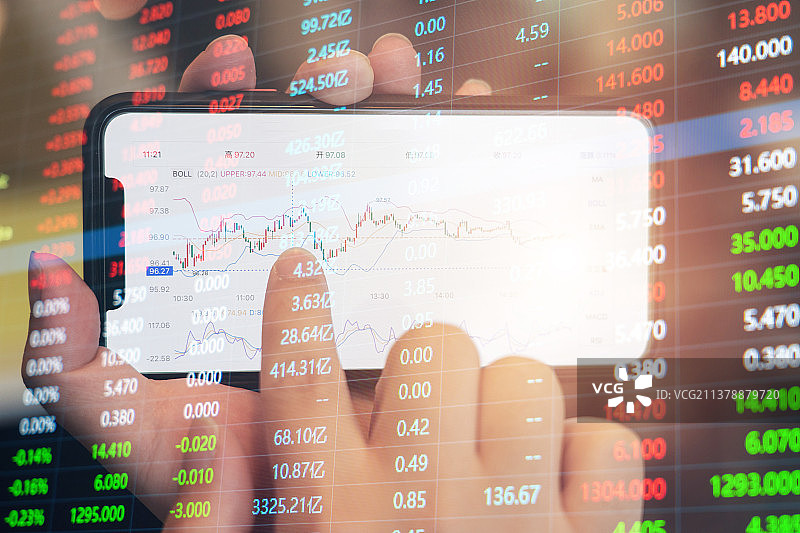 投资者用手机进行股票交易和金融股市走势背景图片素材