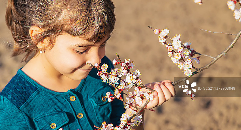 开花的树木花园里的小孩图片素材