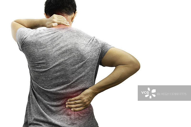 背部和颈部疼痛的男子（白色背景抠图）图片素材