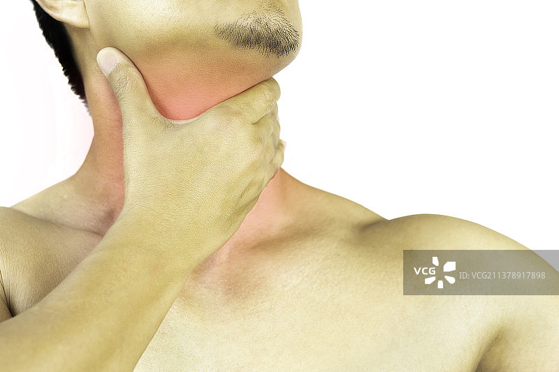 男人喉咙感到疼痛，在红色圆点剪切路径中隔离图片素材