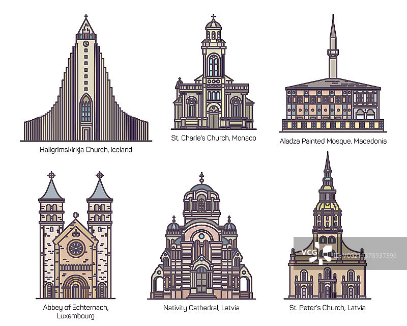 欧洲宗教中心线性彩色图标图片素材