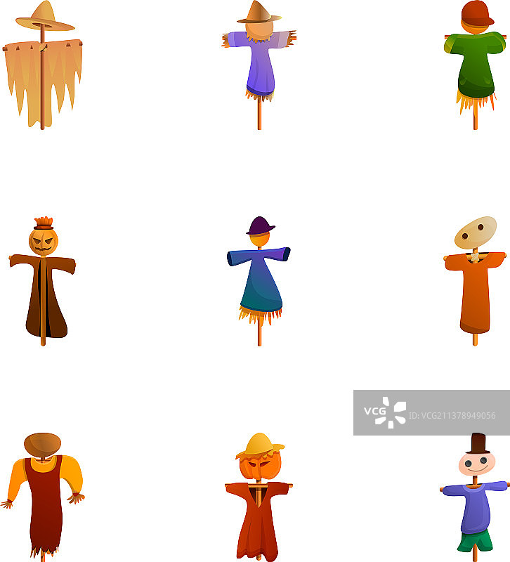卡通风格花园稻草人图标集图片素材
