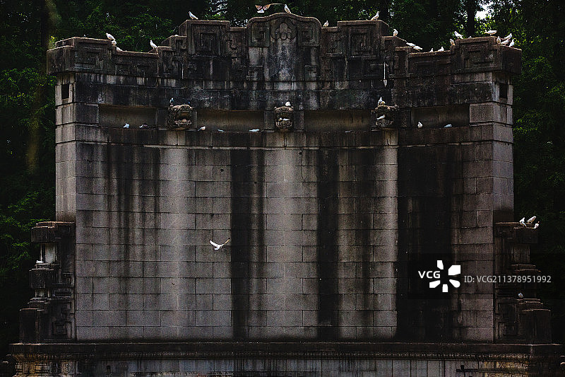 广场内飞翔的鸽子+中山陵音乐台（南京）图片素材