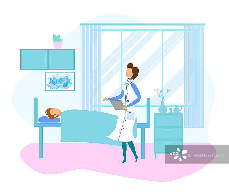女医生探望躺在病床上的患者图片素材