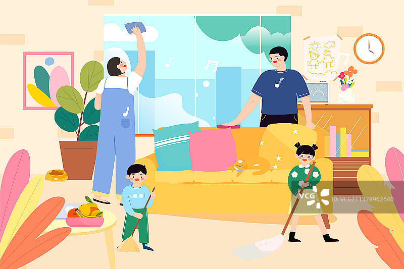 一家四口在家里打扫卫生矢量插画横图图片素材