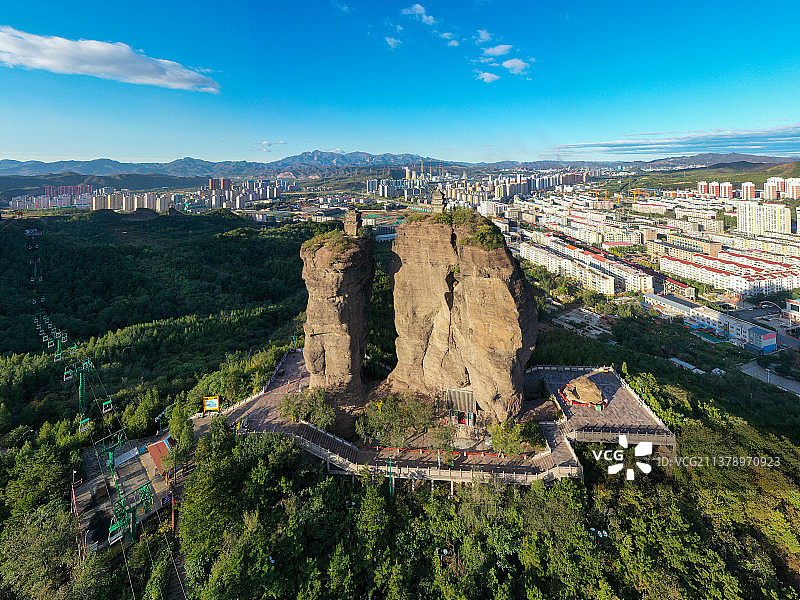 承德双峰寺双塔山千年古迹全景航拍图片素材