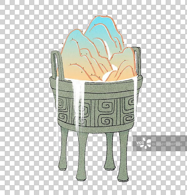 新中式微景观鼎上山水风景插画图片素材