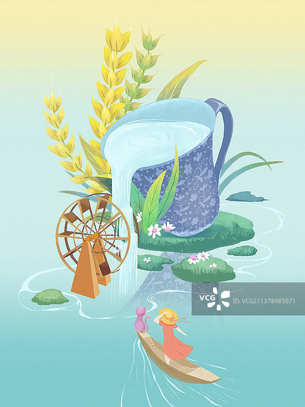 二十四节气之小满女孩与小猫游船图片素材