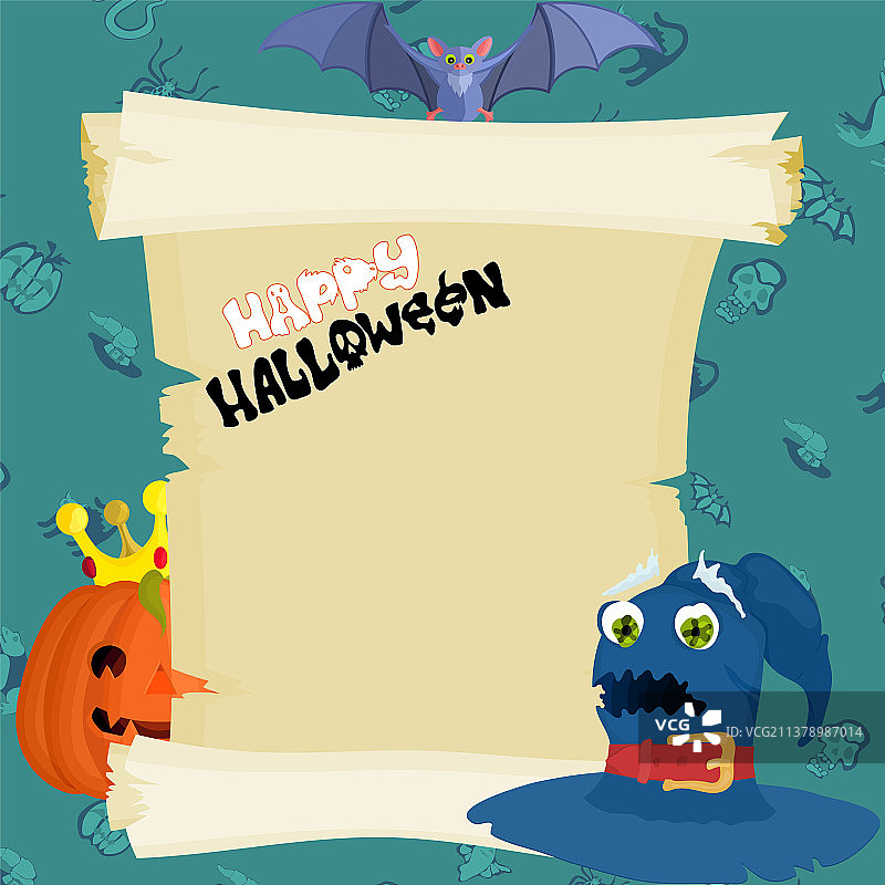 带有纸莎草和女巫帽的绿色万圣节海报图片素材