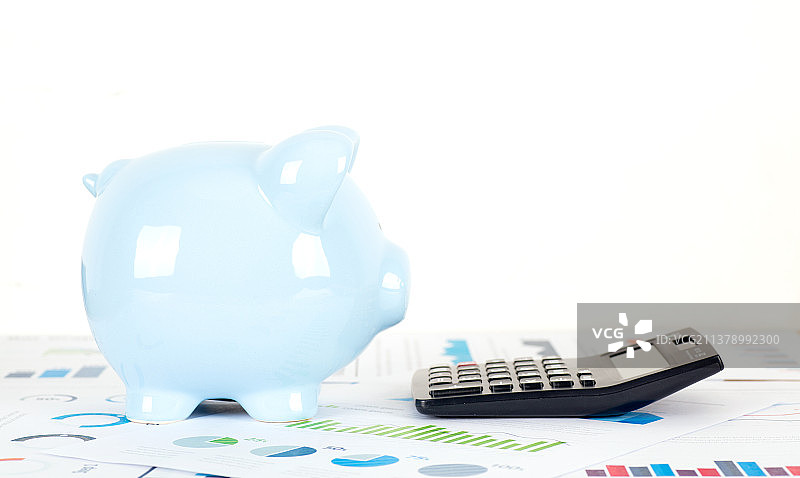 认真注视着计算器的小猪存钱罐图片素材