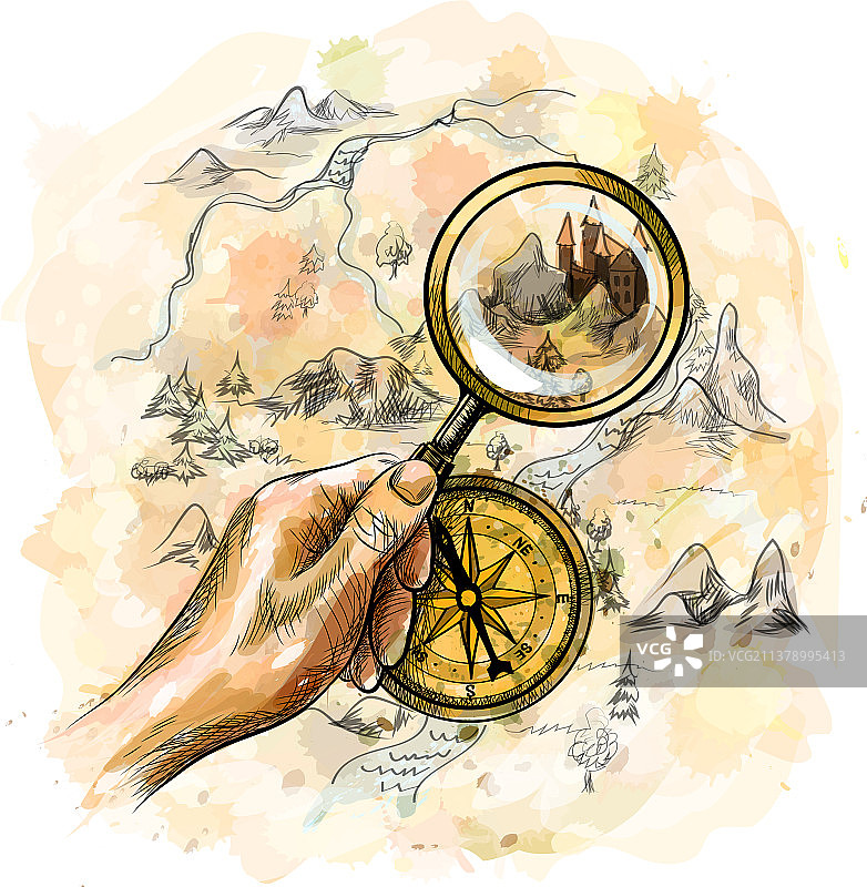 指南针、放大镜与藏宝图图片素材