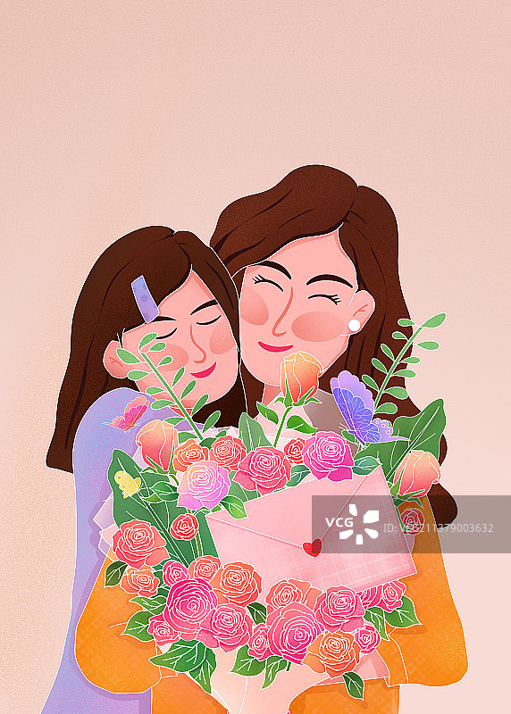 插画孩子拥抱妈妈鲜花祝福感恩母亲图片素材
