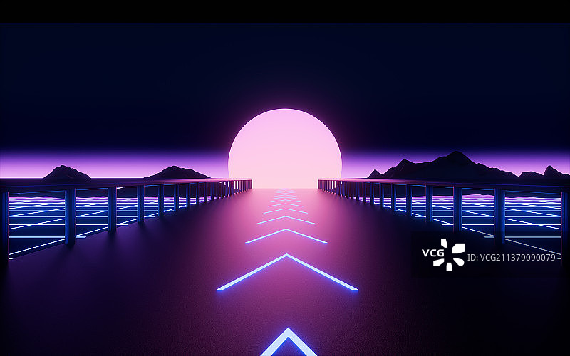 霓虹网格与公路背景3D渲染图片素材