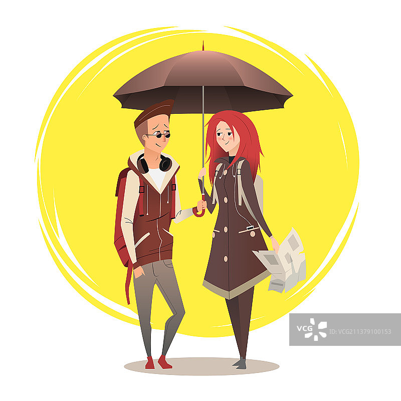 阳光下情侣撑伞扁平设计图片素材